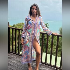 Takawear Giselle Kaftan Multicolored Long Sleeve Buttoned Dress Cover-up S